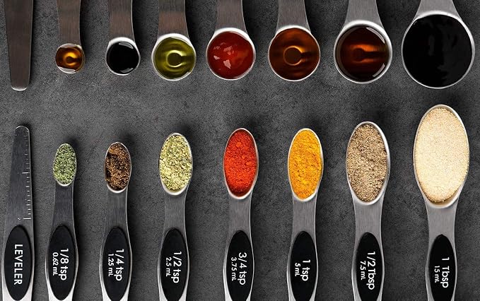 Magnetic Measuring Spoons Set of 8 Stainless Steel Stackable Dual Sided Nesting Teaspoons and Tablespoons for Measuring Dry and Liquid Ingredients