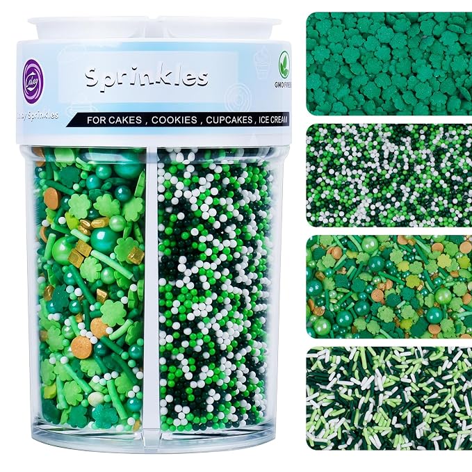 Green Sprinkles for Cake Decorating, 8Oz 4-Cell ST Patricks Day Spring Sprinkles Mix with Shamrock Clover Jimmies Nonpareils Pearls Edible Sugar for Cookies Cake Cupcakes Ice Cream Brownie Baking Topping