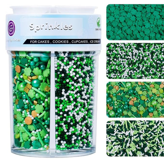 Green Sprinkles for Cake Decorating, 8Oz 4-Cell ST Patricks Day Spring Sprinkles Mix with Shamrock Clover Jimmies Nonpareils Pearls Edible Sugar for Cookies Cake Cupcakes Ice Cream Brownie Baking Topping