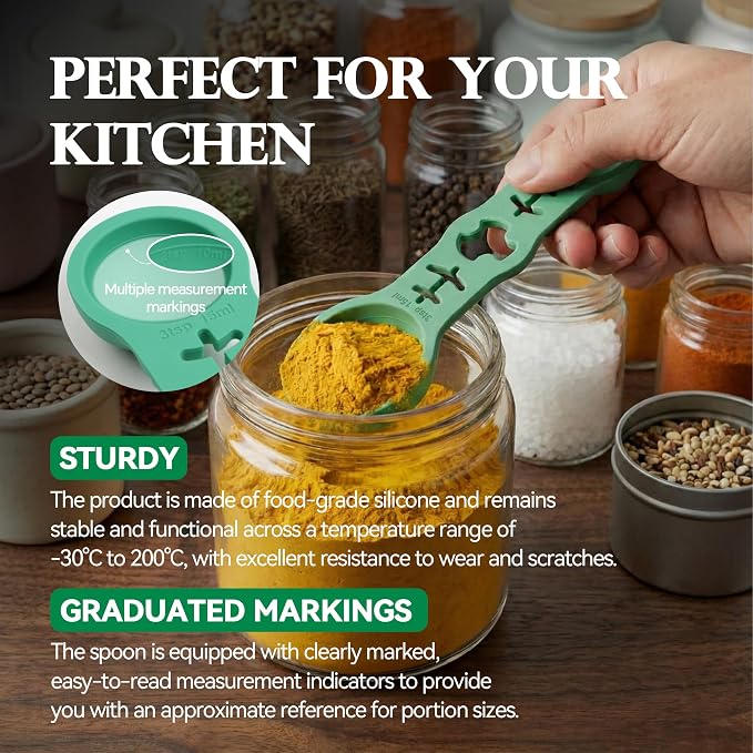 Silicone Magnetic Measuring Spoons, 2 Pack Coffee Measuring Spoons(4-size) - Equipped with strong N50 magnets – securely attach to any metal surface, Suitable for dry and liquid ingredients(Green)