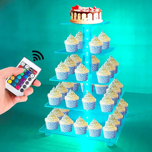 Cupcake Stand Acrylic 5 Tier Tower Display Cupcake Cake Stand with Remote LED Light,Multiple Color Changing Modes,Transparency Serving Tray for Any Parties Events(Large Size)
