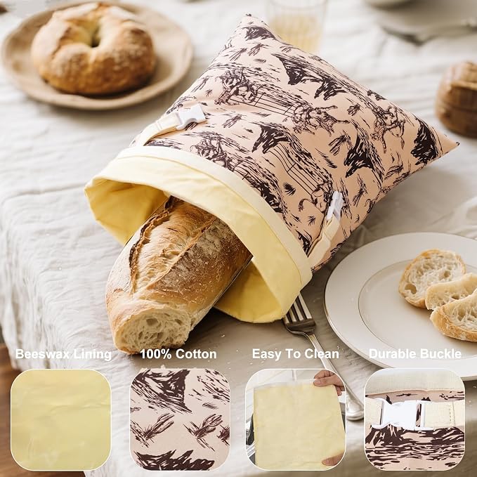 Western Reusable Beeswax Bread Bags for Homemade Bread & Sourdough, 2-Pack XL Airtight Food Storage Bags, Organic Cotton Linen Covers - Freezer-Friendly Freshness Preservation Keeps Fresh Longer
