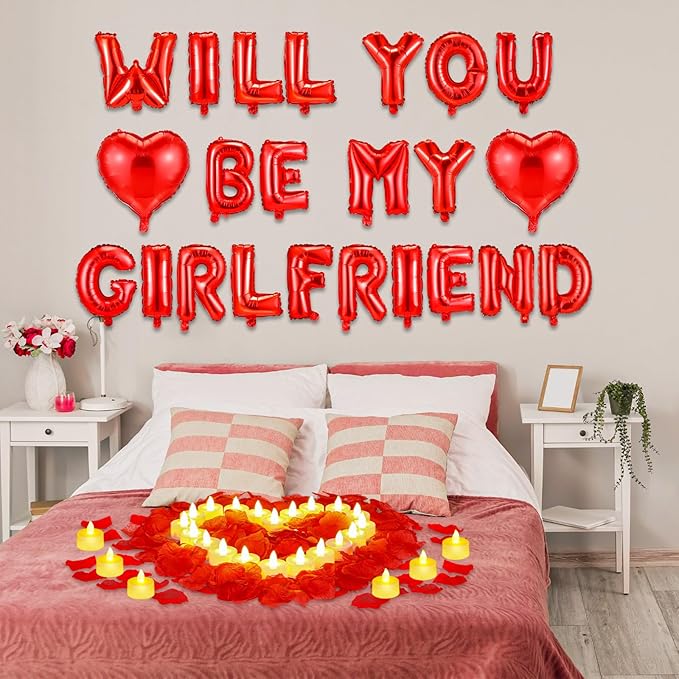 HyDren 18" Will You Be My Girlfriend Balloons Letters Kit Include Heart Shaped Balloons and LED Tealight Candles with Rose Petals Romantic Girlfriend Proposal Kit Valentines Day Decorations(Red)