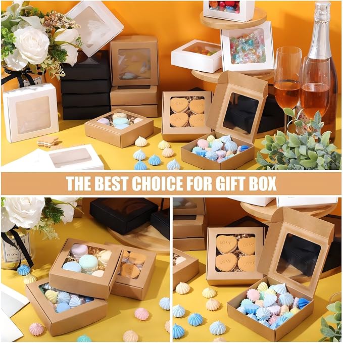 Zonon 30 Pcs Kraft Paper Boxes with Window 4.13 x 4.13 x 1.18 Inch Candy Packaging, Small Gift Boxes, Soap holder, Mini Treat Packaging for Bakery Chocolate Jewelry Display (Brown,Black,White)