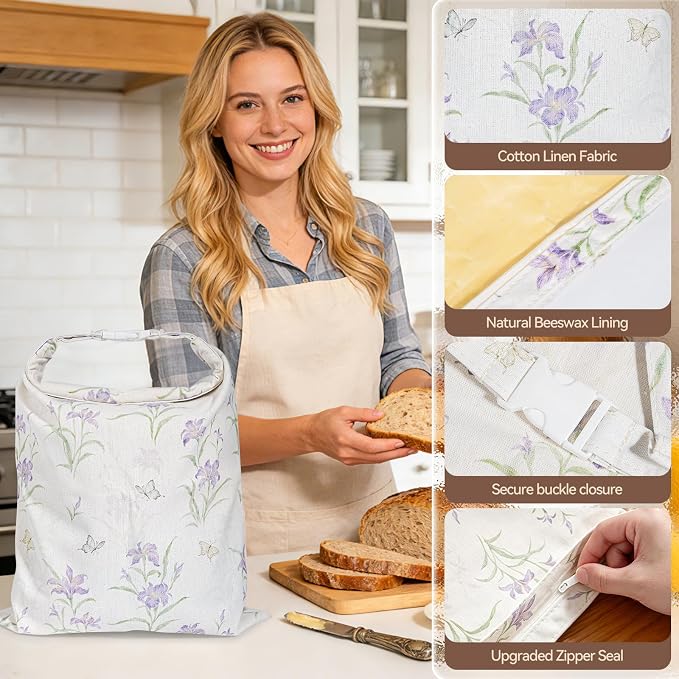 Beeswax Bread Bags for Sourdough, 2 pcs XL Zipper Reusable Bread Bags for Homemade Bread, Cotton and Linen Food Storage Bags for Bakery, Pantry, Long-Lasting Freshness (Purple Floral)