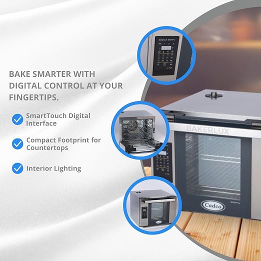 Cadco XAFT-04HS-LD Bakerlux LED Half-Size Digital Countertop Commercial Convection Oven, 4 Shelves, Stainless Steel, 23-5/8", 208/240V, NSF Certified for Restaurant and Food Truck Use