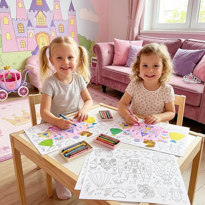 45pcs Princess Disposable Coloring Placemats Fairy Tale Crafts for Kids Birthday Party Favors Coloring Poster Castle Crown Unicorn Magic Tiara Activity Church Supplies Paper Table Mats