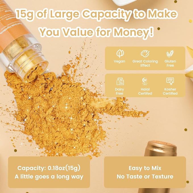Gold Edible Glitter 15g, Edible glitter for Drinks, Luster Dust Edible Shimmer Powder for Cocktails,Cakes, Baking, Party Decoration ﻿