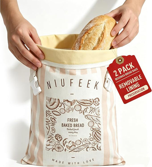 2-Pack Beeswax Bread Bags for Homemade Bread, 12.6 x 17 Inch Reusable Sourdough Bread Bags, Removable Beeswax Lined Food Storage Bag, Zippered Linen bread keeper, Suitable for Fresh and Frozen Storage
