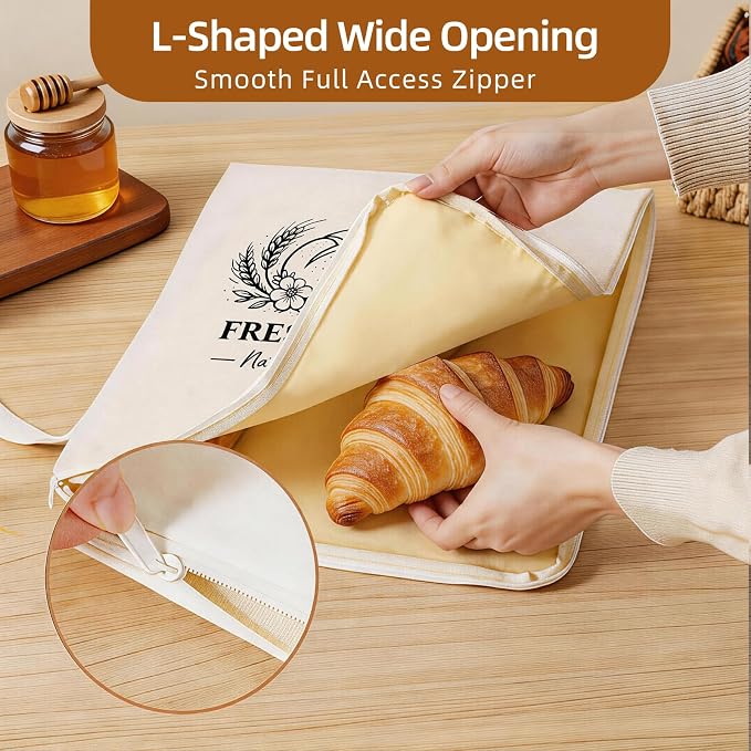 Beeswax Linen Bread Bags with L-Shaped Wide Zipper, 2 Pack XL | Reusable bread bags. Preserve freshness and texture of sourdough and artisan loaves. Ideal for daily homemade bread storage.