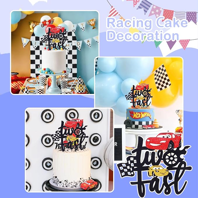 MEMOVAN Two Fast Cake Topper Race Car 2nd Cake Toppers Racing Car Birthday Cake Decoration for Racing Car Checkered Flag Themed Girl Boy 2 Years Birthday Party Decoration Double Sided