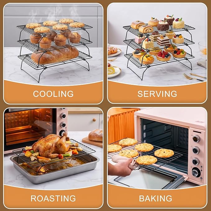 Antenat 3-Tier Stackable Cooling Rack – 15.8"x10" Heavy Duty with Legs,Collapsible & Stackable For batch cooling cookies,Cake, Pizza, Bread, Sourdough, Oven & Dishwasher Safe