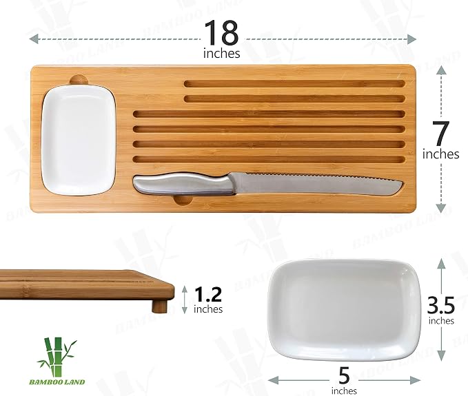 BAMBOO LAND- Large Bamboo Bread Board with Bread Crumb Catcher and Ceramic Dipping Dish
