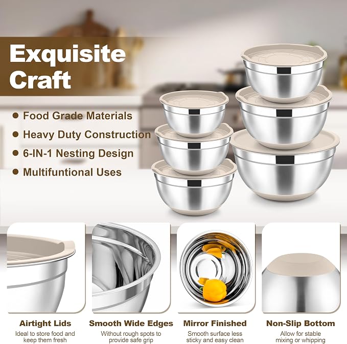 TeamFar Mixing Bowls, 6 PCS Stainless Steel Nesting Salad Bowl with Lids & 3 Graters, For Kitchen Cooking Serving Prepping, Airtight & Non-Slip, Size 4.6/3.5/2/1.5/1/0.7 QT, Khaki