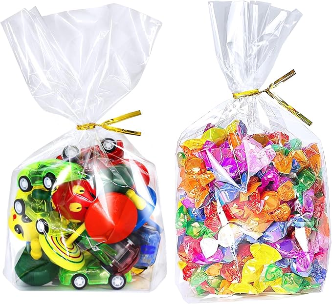 PigPotParty Cellophane Treat Bags 6x9 Inch, 100 Pack Clear Goodie Bags with Bottom Gusset for Stand-Up Display, Small Plastic Gift Wrap for Cookies, Candy, Party Favors, Popcorn, Includes 100 Ties