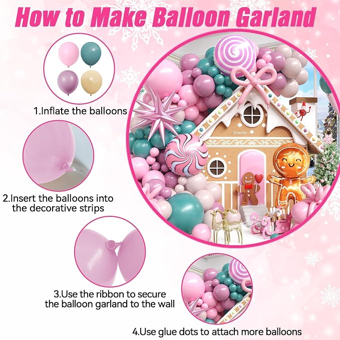 Christmas Balloon Arch Kit, Sage Green Nude Pink Purple Balloons with Lollipop Candy Gingerbread Man Star Foil Balloons for Xmas Holiday Winter Birthday New Year Party Decorations