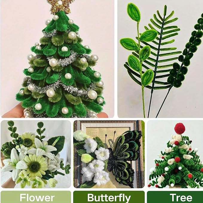 620Pcs Green Pipe Cleaner Flower Kit, 6 Colors Bulk Chenille Stems with Wires, Ribbon, Stamens and Card, All-in-One DIY Flower Craft Supplies for Creative Gifts Home Decoration, Party & School Crafts