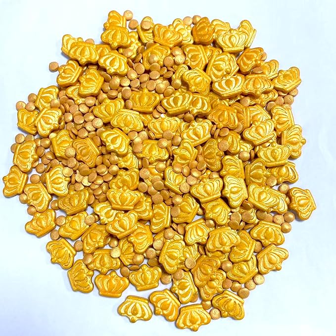 PhilaeEC King Gold Crown Sprinkles Mardi Gras Cake Decoration Gold Round Coffite Mix Candy Edible Cookie Cupcake Toppers Valentines Halloween Christmas Supplies