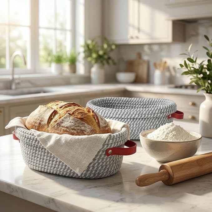 Banneton Sourdough Bread Proofing Baskets,Oval Cotton Rope Sourdough Proofing Basket with Liners & Covers for Sourdough & Artisan Bread Baking (Gray Oval Banneton – 2 Pack (Solid + Stripe))