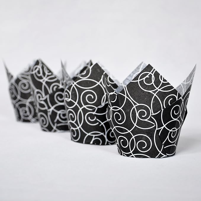 QLSmypkg Muffin Greaseproof paper Baking cupcake cups, 2"(Bottom diameter) x 3-1/2"(Height) Black Fancy Floral Print Tulip Baking Cup Case of 125 pcs (125, Standard)