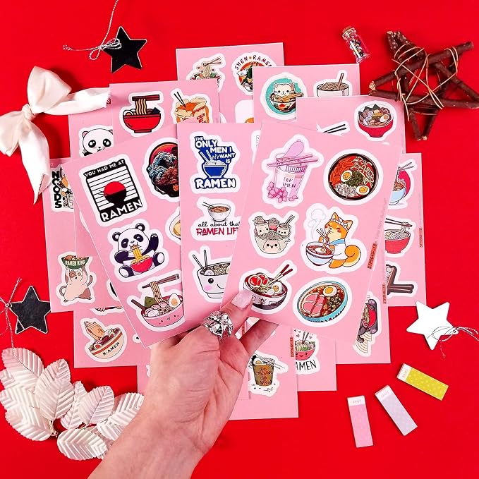 BulbaCraft Ramen Stickers for Water Bottle and Laptop - Foodie Party Supplies & Decorations, Waterproof Vinyl Noodle Decals, Cute Ramen Stickers Laptop Decals, Gifts for Women & Men