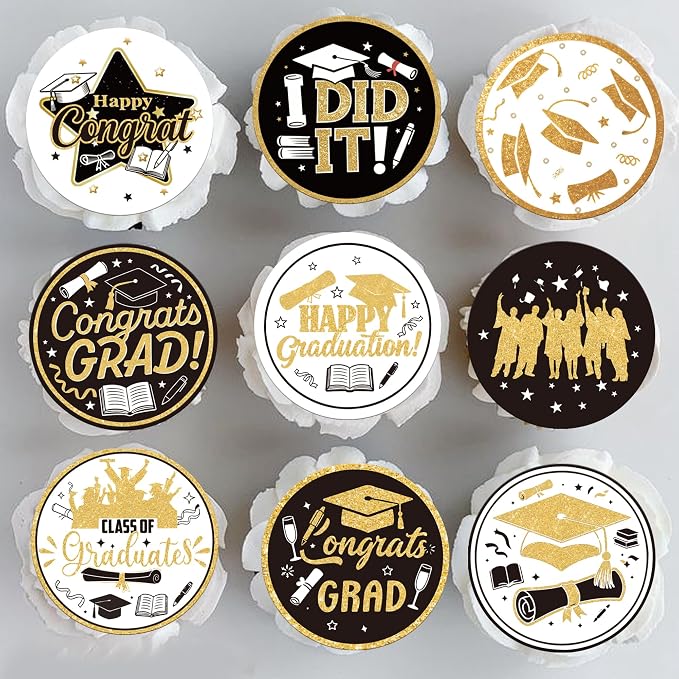 63 PCS Edible 2026 Graduation Cupcake Toppers Wafer Paper Class of 2026 Cake Decorations Edible Diploma Congrats Grad Cap Cupcake Picks for Congratulations 2026 Graduation Theme Party Supplies Gold