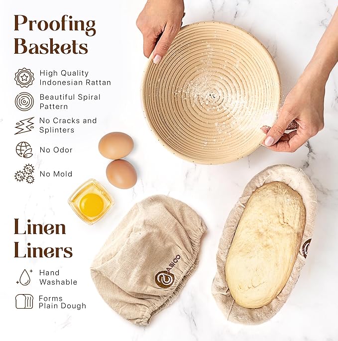 ABIOTO Sourdough Bread Baking Kit - 17-Piece Artisan Set with 9" Round & 10" Oval Rattan Baskets, Slings, Baking Mat, Bread Lame, Danish Whisk & Scrapers