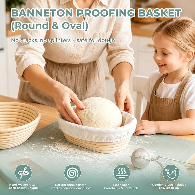 Sourdough Starter Kit – Complete Bread Baking Supplies with Round & Oval Banneton Bread Proofing Basket, Starter Jar, Bread Slings, Silicone Mat, Scrapers – Baking Tools Gift for Home Bakers