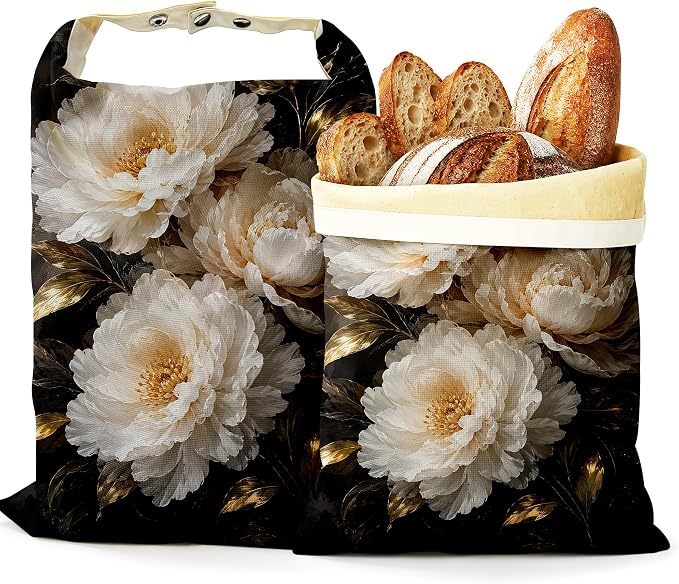 2 Pack Reusable Beeswax White Peony Bread Bags, Sourdough Bread Gold Leaf Storage for Homemade, Freezer Storage Bag to Keep Fresh, Baguette Bag with Beeswax Liner Kitchen Baking