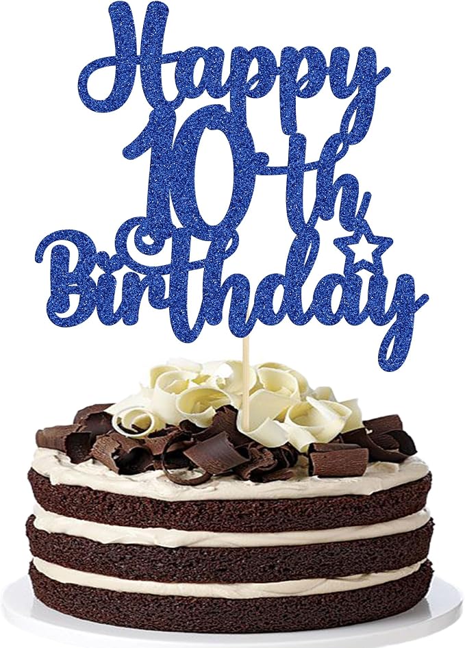 Gyufise 1Pc Happy 10th Birthday Cake Topper Glitter 10 & Fabulous Cheers to 10 Years Old Birthday Cake Pick for Celebrating 10th Birthday Anniversary Party Cake Decorations Supplies Blue