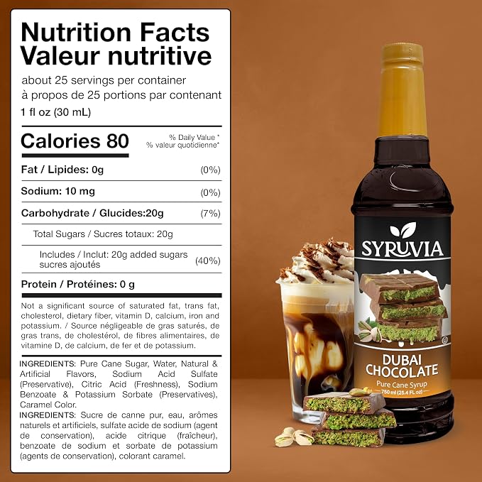 Syruvia Coffee Syrup, Dubai Chocolate Flavored Syrup for Drinks, Lattes, and Desserts – 25.4 fl oz - with Pump