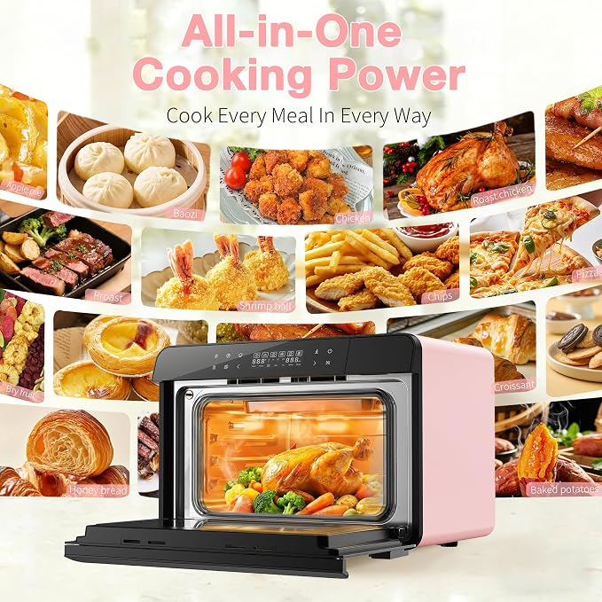 ROBAM Toaster Air Fryer Combi Oven, Countertop Steam Oven 14-in-1 with Convection Steam Roast & Bake, Multi-Stage Cooking, Self-Clean, 7 Modes, 30 Built-In Recipes, for Kitchen Pizza Baking (Pink)
