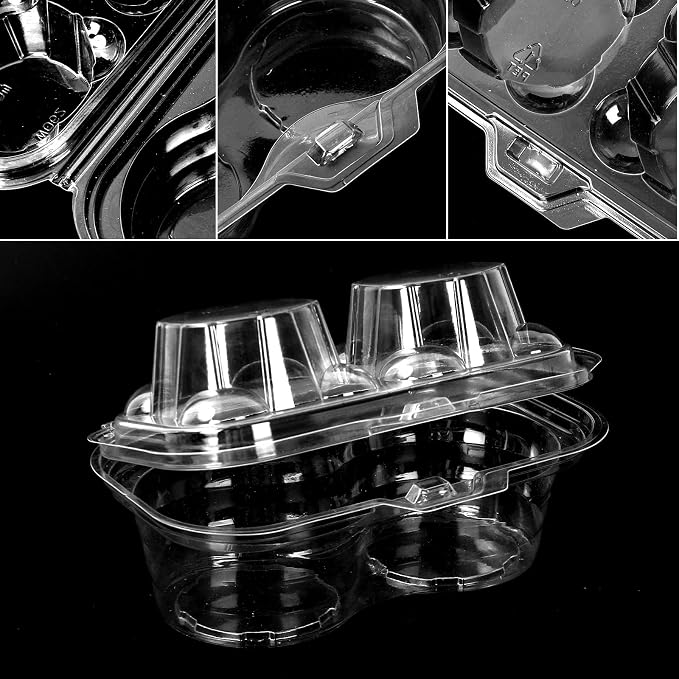 JarThenaAMCS 80 Pack Plastic Cupcake Containers 2-Compartment Clear Boxes Disposable Cupcake Tray Holders 2 Cavity Dessert Carriers with Deep Dome for Muffin Packaging