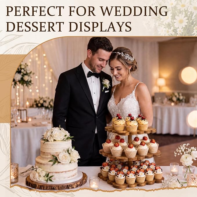 Novabright 3 tier Square Acacia Wood Cupcake Stand Rustic Square Dessert Display, Sturdy Wooden Cake Stand for Weddings, Parties Kitchen, Baby Shower, Birthday