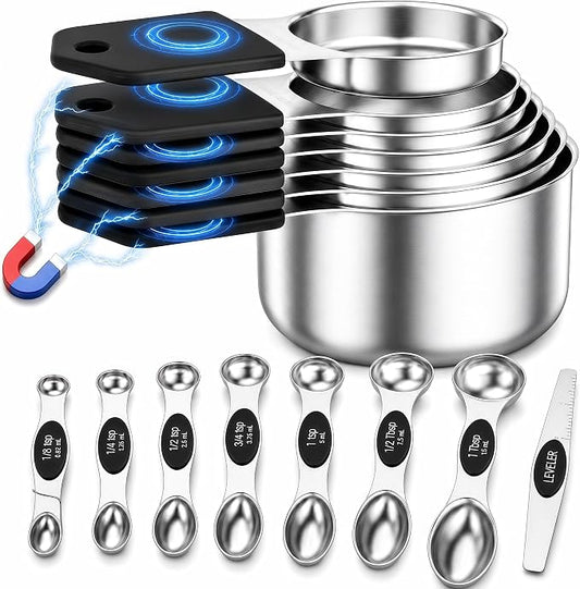 Magnetic Measuring Cups and Spoons Set, Strong N52 Magnets, Heavy Duty 304 Stainless Steel Fits in Spice Jars for Baking & Cooking, BPA Free, Round Set of 15 with Leveler Black