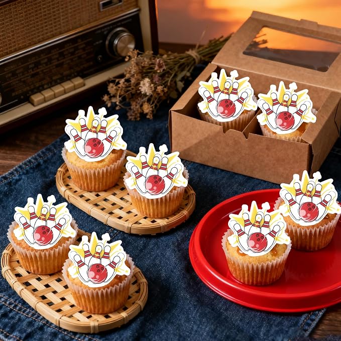 48 PCS Edible Bowling Cupcake Toppers Wafer Paper Sports Ball Cupcake Picks Edible Bowling Birthday Decorations for Sports Theme Baby Shower Boys Girls Player Birthday Party Cake Decoration Supplies