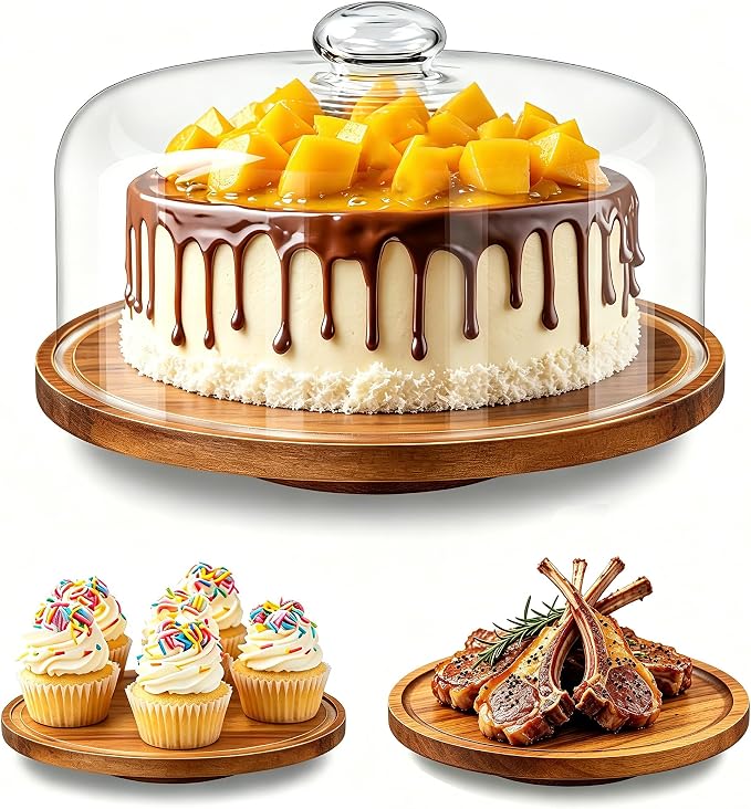 Rotating Acacia Wood Cake Stand with Dome Lid 11 inch Round Wooden Cake Display Plate with Cover for Wedding Birthday Party Kitchen Baking Gifts