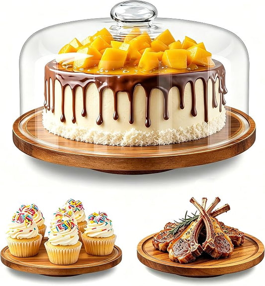 Rotating Acacia Wood Cake Stand with Dome Lid 11 inch Round Wooden Cake Display Plate with Cover for Wedding Birthday Party Kitchen Baking Gifts