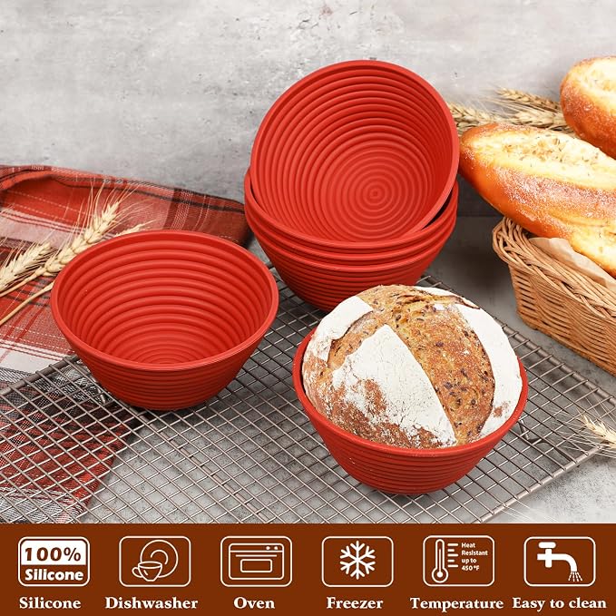 Webake 5 Inch Silicone Mini Banneton Bread Proofing Basket, 6Pcs Round Small Banneton Basket for Sourdough Bread Soup Bowls