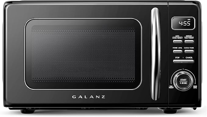 Galanz GLCMKZ09BKR09 Retro Countertop Microwave Oven with Auto Cook & Reheat, Defrost, Quick Start Functions, Easy Clean with Glass Turntable, Pull Handle, 0.9 cu ft, Black