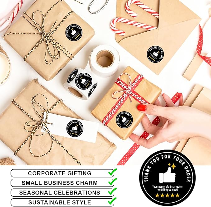 500pcs Thank You for Your Order Stickers - 1.7 Inch Round Small Business Stickers, 5 Star Support Labels for Shipping Bags, Gift Boxes, Envelopes, and Online Retail Packagings