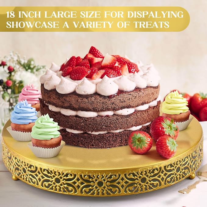 Wenqik 18 Inch Cake Stand, Metal Round Cake Stands Set with Modern Design White Dessert Display Cupcake Stands Plates Fruit Serving Tray for Wedding Birthday Baby Shower Party (Gold)