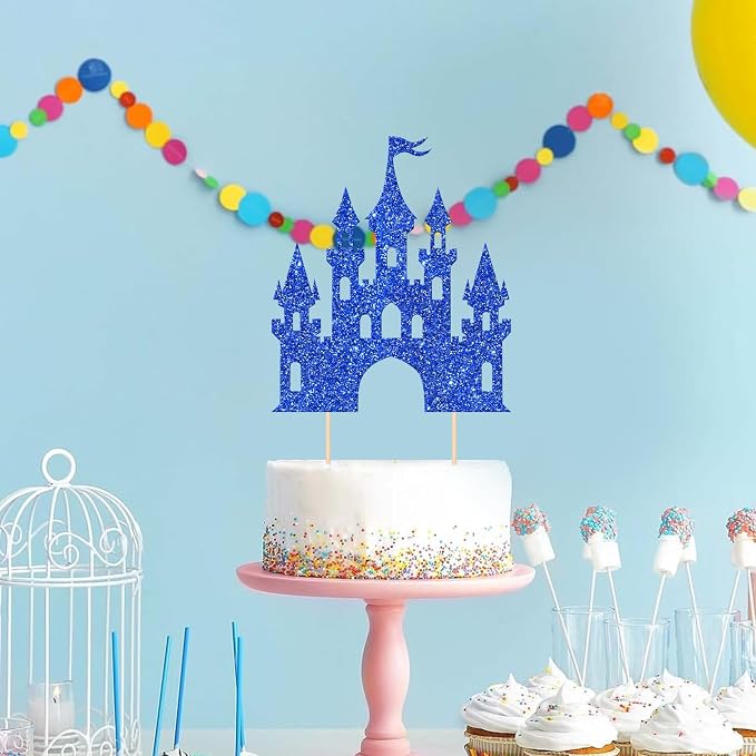 1 PCS Castle Cake Topper Glitter Princess Cake Topper Castle Theme Birthday Party Decoration Princess Happy Birthday Cake Decoration for Baby Shower Princess Birthday Party Supplies Dark Blue