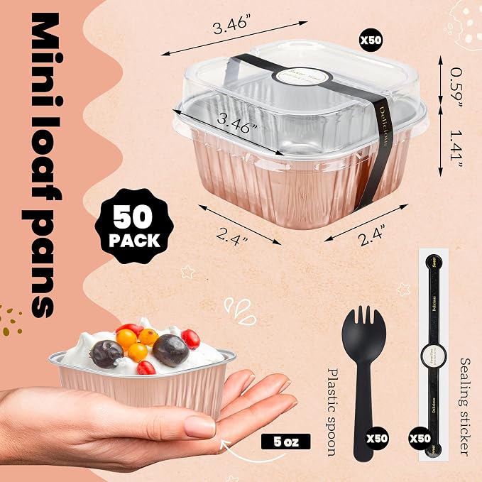 NPLUX 50 Pack Mini Cake Pans with Lids and Spoons Aluminum Foil Pans Square Cake Tins for Bakery Party Wedding, Graduation Gifts Party Favors(Champagne Color,5 oz)