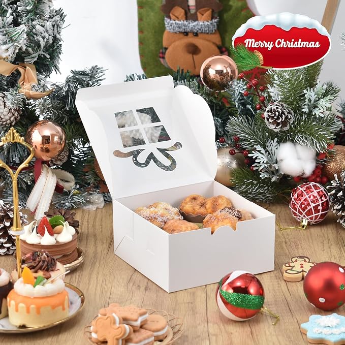 COTOPHER 18Pcs Christmas Cookie Boxes with Window, 6x6x3 inch White Bakery Boxes for Gift Giving, XMAS Treat Boxes Holiday Pastries Boxes for Cakes Muffins Donuts Chocolate Strawberries