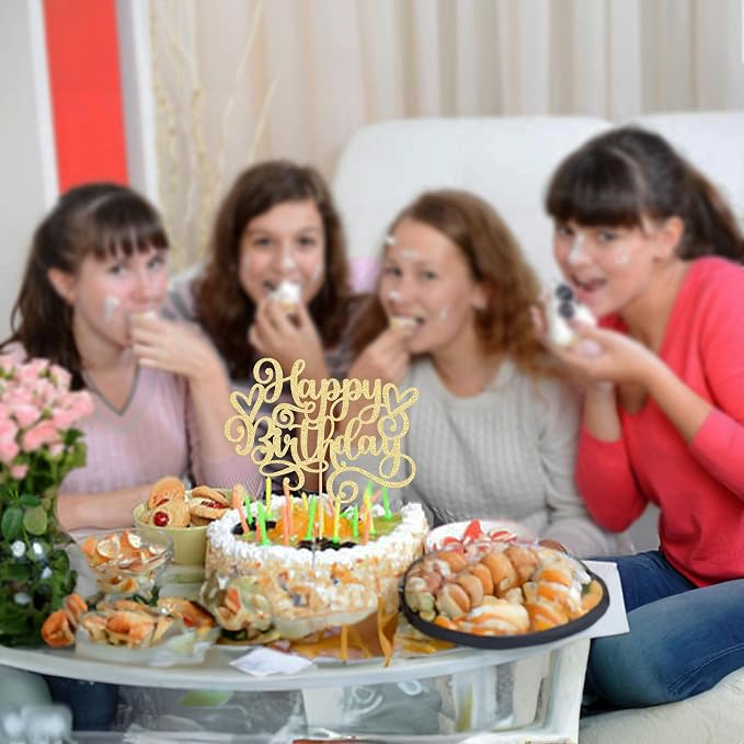 Gyufise 1Pcs Happy Birthday Cake Topper Glitter Happy Birthday Cake Pick Bunting Decor for Anniversary Celebrating Happy Birthday Party Cake Decorations Supplies Gold