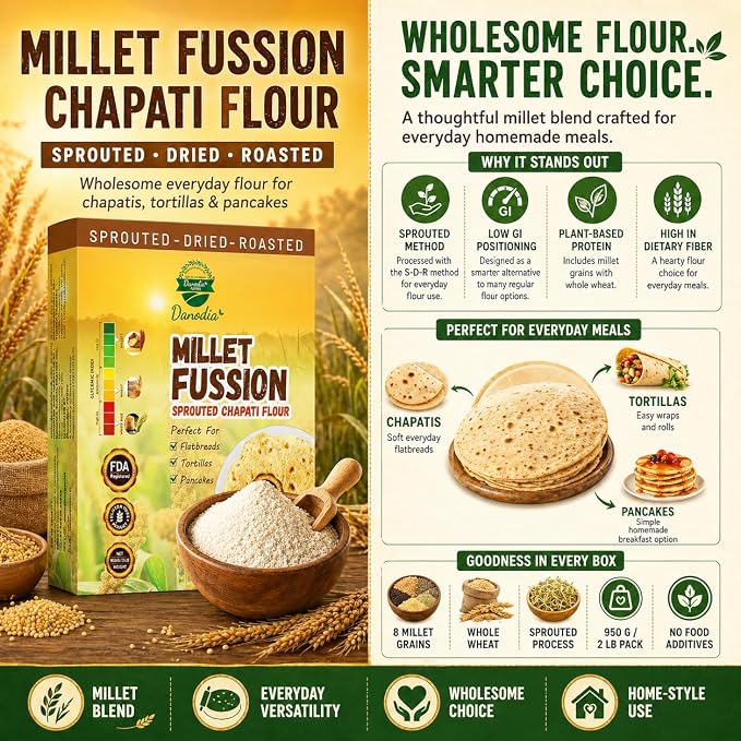 Danodia Foods Organic Sprouted Chapati & Bread Flour, 2 lb Pack | Multigrain atta blend for roti, chapati, paratha, flatbread and everyday bread baking; Gluten-Free; Indian pantry recipes