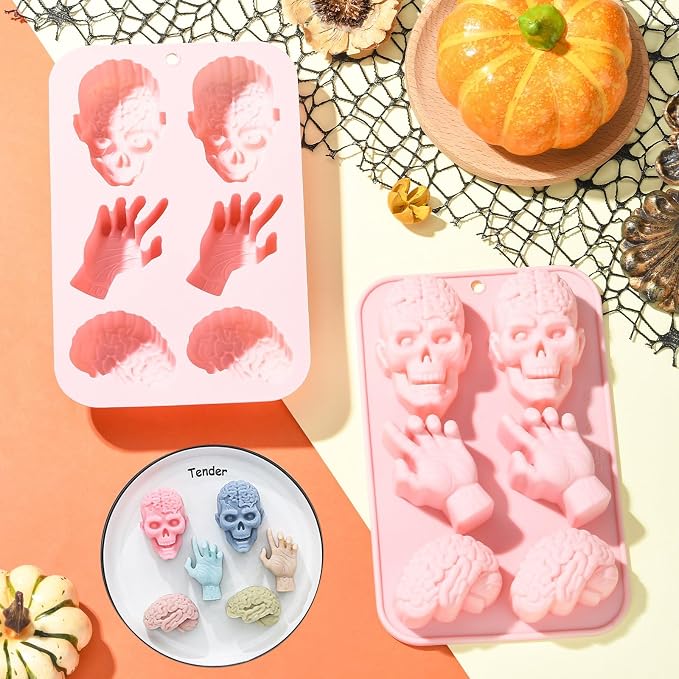 Ipotkitt 2pcs Pink Halloween Theme Silicone Candy Molds Skull Hand Brain Shaped Gummy Molds for Jelly Fondant Chocolate Candy Ice Cake DIY Crafts Keto Fat Bomb