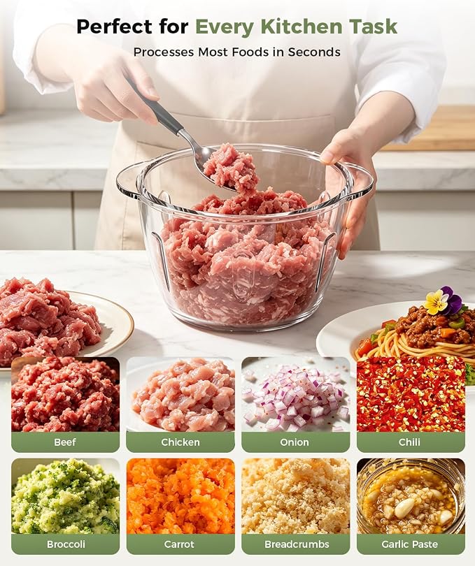 Food Processor Electric Food Chopper Meat Grinder & Vegetable Chopper with Magnetic Easy-Clean Spindle & Serrated Blades, Power Copper Motor, for Meat/Vegetables/Baby Food/Ice Cubes (White)