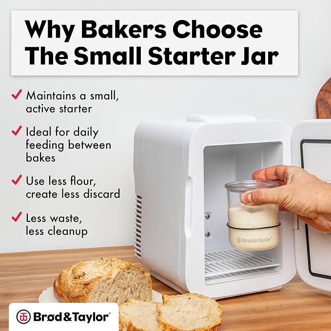 Brod & Taylor Small Sourdough Starter Jar (12oz) Less Discard Waste, 100% Dishwasher Safe, Measurement Markings, and Height Marker (Durable Glass Jar, BPA-Free)